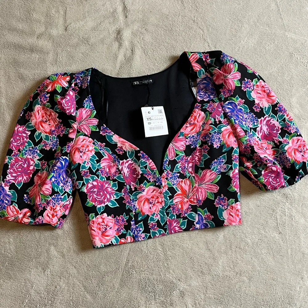 Zara Floral Puff Sleeve Crop Top Blouse - Picture 5 of 14